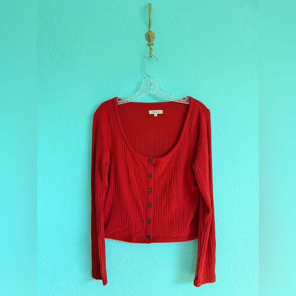 Madewell Ribbed Cardigan Cropped Tee, Scarlet - Picture 2 of 5